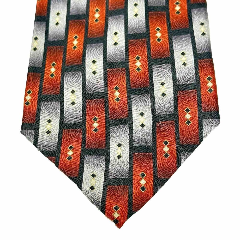 Vtg Bergamo New York Tie Mens 66 in Silk X Long Orange Gray Geo Block Dot Wide
